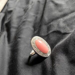 Vintage 1970s Avon Silver ring with Coral stone and rhinestone diamonds